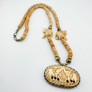 Carved Elephant Pendant Necklace Tribal Ethnic Organic Bead Brass Tone Statement